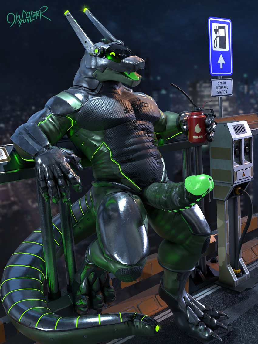 2022 anthro beverage big_penis bodily_fluids city cityscape erection genital_fluids genitals green_penis hi_res humanoid_genitalia humanoid_penis leaning leaning_back leaning_on_railing male metallic_body muscular muscular_anthro muscular_male night obfuscator penis precum solo standing synth_(vader-san)