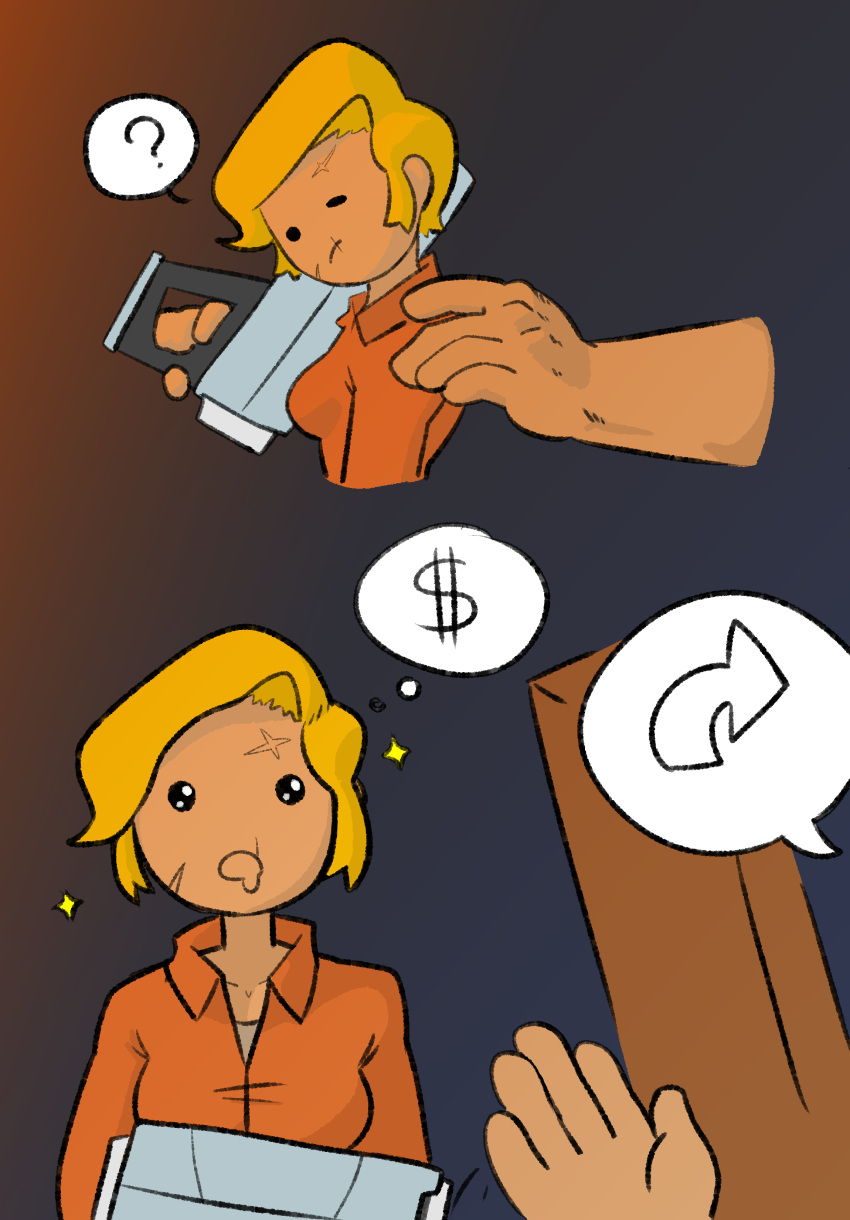 1boy ? bello_(enter_the_gungeon) ddguy dollar_sign enter_the_gungeon female gun hand_on_shoulder imagining imminent_sex offering orange_hair orange_jumpsuit size_difference spoken_question_mark tagme the_convict_(enter_the_gungeon)