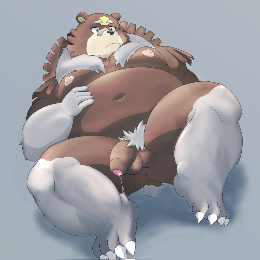 2022 anthro balls belly black_nose bodily_fluids brown_body genital_fluids genitals gomdepp hi_res humanoid_genitalia humanoid_hands humanoid_penis kemono lying male male_only mammal moobs navel nintendo nipples overweight overweight_male penis pokémon_(species) pokemon pokemon_legends:_arceus precum pubes solo ursaluna ursid video_games