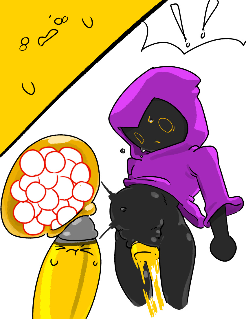 !! anthro black_skin bullet_kin cloak cum_in_pussy ddguy dildo ejaculation enter_the_gungeon female o.o penis purple_cloak purple_robe robe standing stomach_bulge the_cultist_(enter_the_gungeon) white_background yellow_face