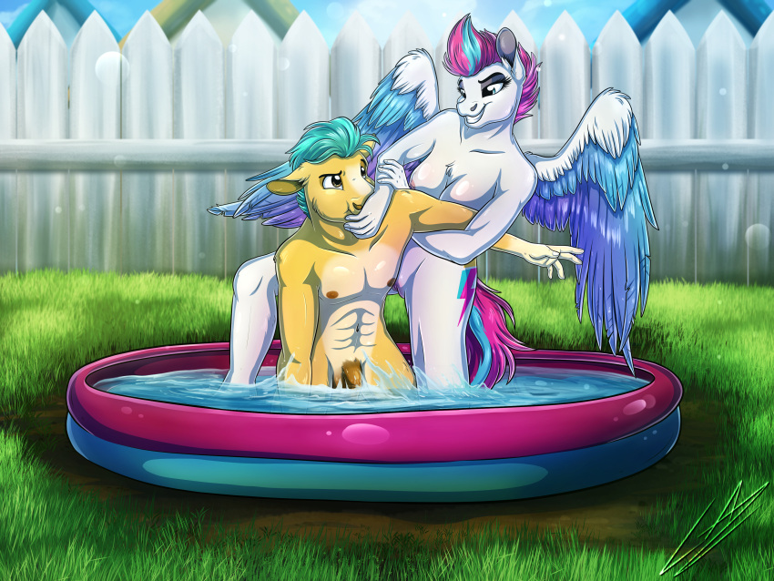 1boy 1girls abs absurd_res anthro anthrofied breasts cutie_mark day duo earth_pony equid equine feathered_wings feathers female fingers furry genitals hair hasbro hi_res hitch_trailblazer_(mlp) horse inflatable lupiarts male mammal mlp_g5 muscular muscular_male my_little_pony nipples nude pegasus penis pony pool_(disambiguation) pussy short_hair smile splashing straight swimming_pool water white_body wings yellow_body zipp_storm_(mlp)