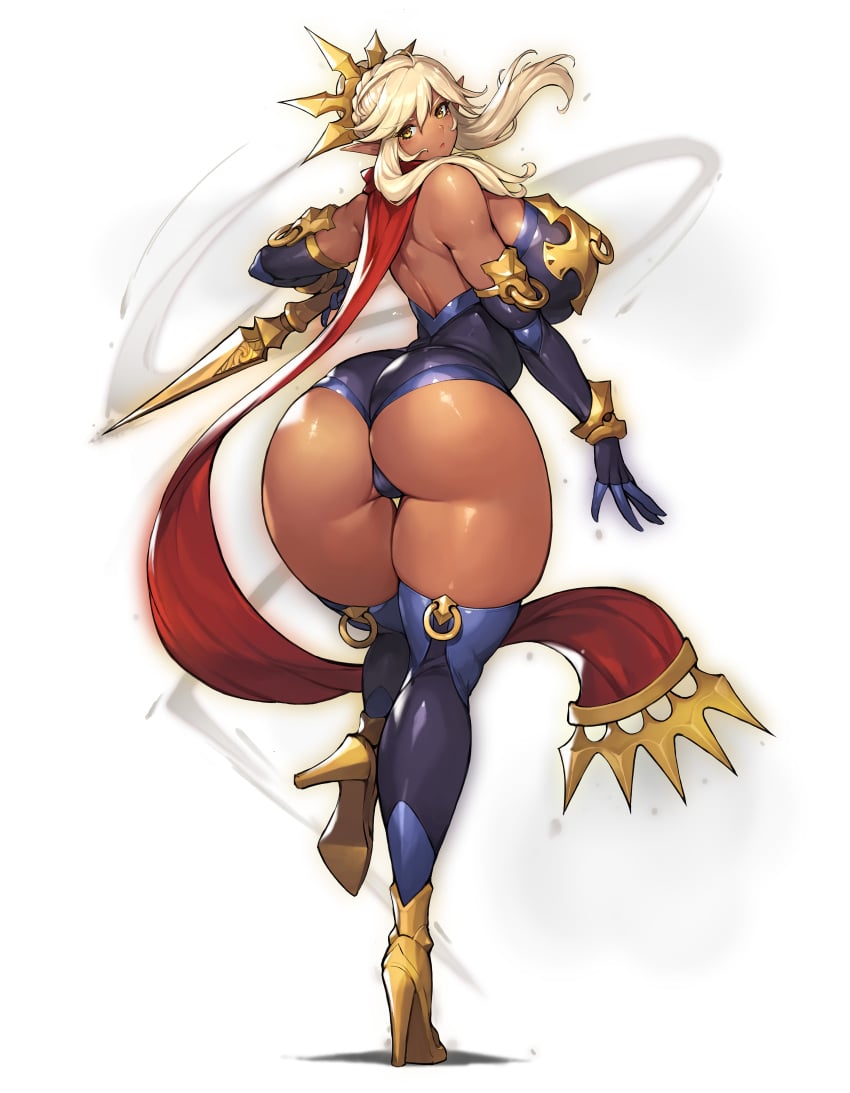 arched_back armor ass ass_focus back_view backless_outfit bikini_armor breasts cleavage crown dark-skinned_female dark_elf dark_skin elf elf_ears elf_female fat_ass gold_heels gurimjang hair_bun hair_ornament heels high_heels holding holding_object holding_weapon large_breasts long_gloves nipple_rings plump plump_ass pointy_ears revealing_clothes sideboob skimpy tagme thick_ass thick_thighs thighhighs thighs weapon white_hair yellow_eyes