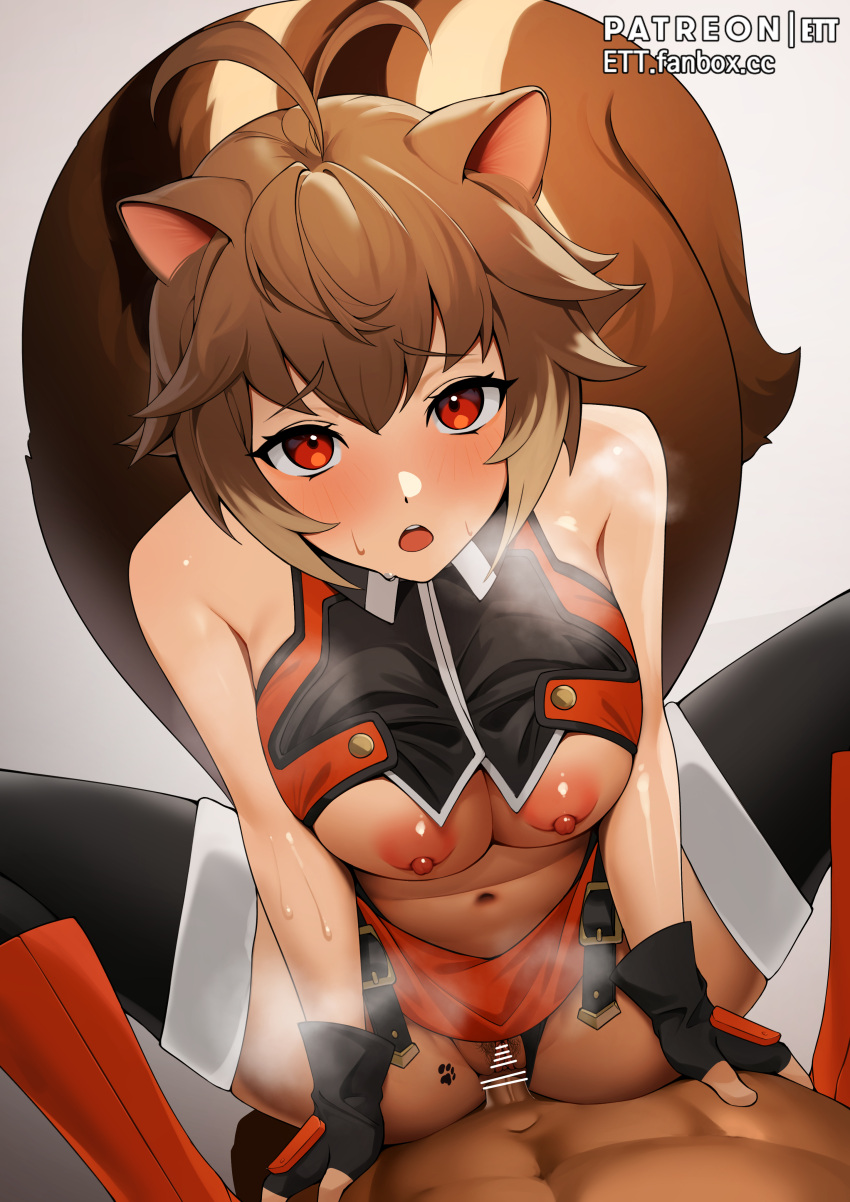 1boy absurdres animal_ears antenna_hair bar_censor bare_shoulders black_gloves black_legwear blazblue breasts censored cowgirl_position ett eyebrows_visible_through_hair female female_pubic_hair fingerless_gloves gloves highres large_breasts looking_at_viewer makoto_nanaya navel nipples open_mouth patreon_username penis pov pubic_hair red_eyes slq squatting_cowgirl_position squirrel_ears squirrel_tail straddling straight sweat tail thighhighs vaginal_penetration