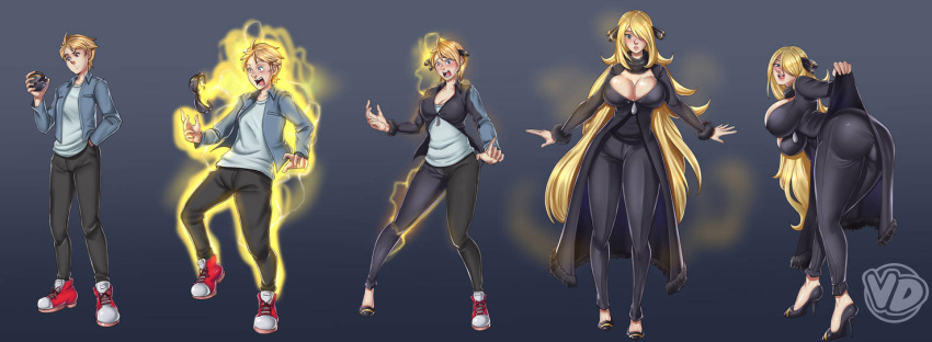 ass_expansion blonde_hair breast_expansion cynthia_(pokemon) gender_transformation hair_growth mtf_transformation pokemon presenting_hindquarters thigh_expansion transformation transformation_sequence vedtom