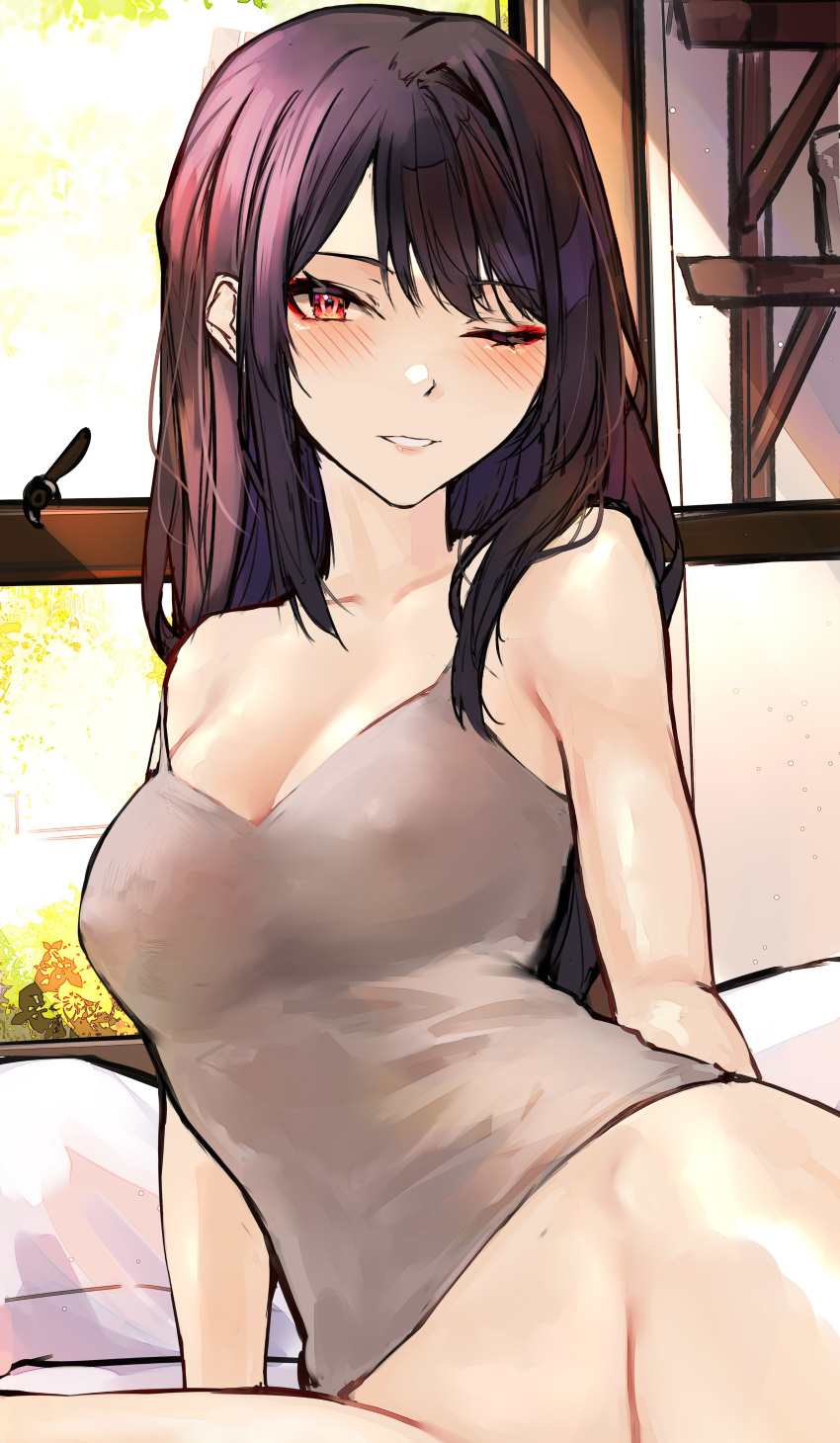 absurdres bare_arms blush bottomless breasts cleavage collarbone female female grey_camisole groin highres indoors large_breasts light_particles long_hair looking_at_viewer morning naokomama one_eye_closed original parted_lips purple_eyes red_eyes sitting solo