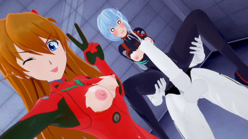 1boy 2girls asuka_langley_sohryu blue_hair blush bodysuit breasts breasts_out clothing cum cumshot female human mass_production_eva neon_genesis_evangelion nipples pawgsuka plugsuit rebuild_of_evangelion red_eyes rei_ayanami reverse_cowgirl_position skin_tight small_breasts threesome torn_clothes