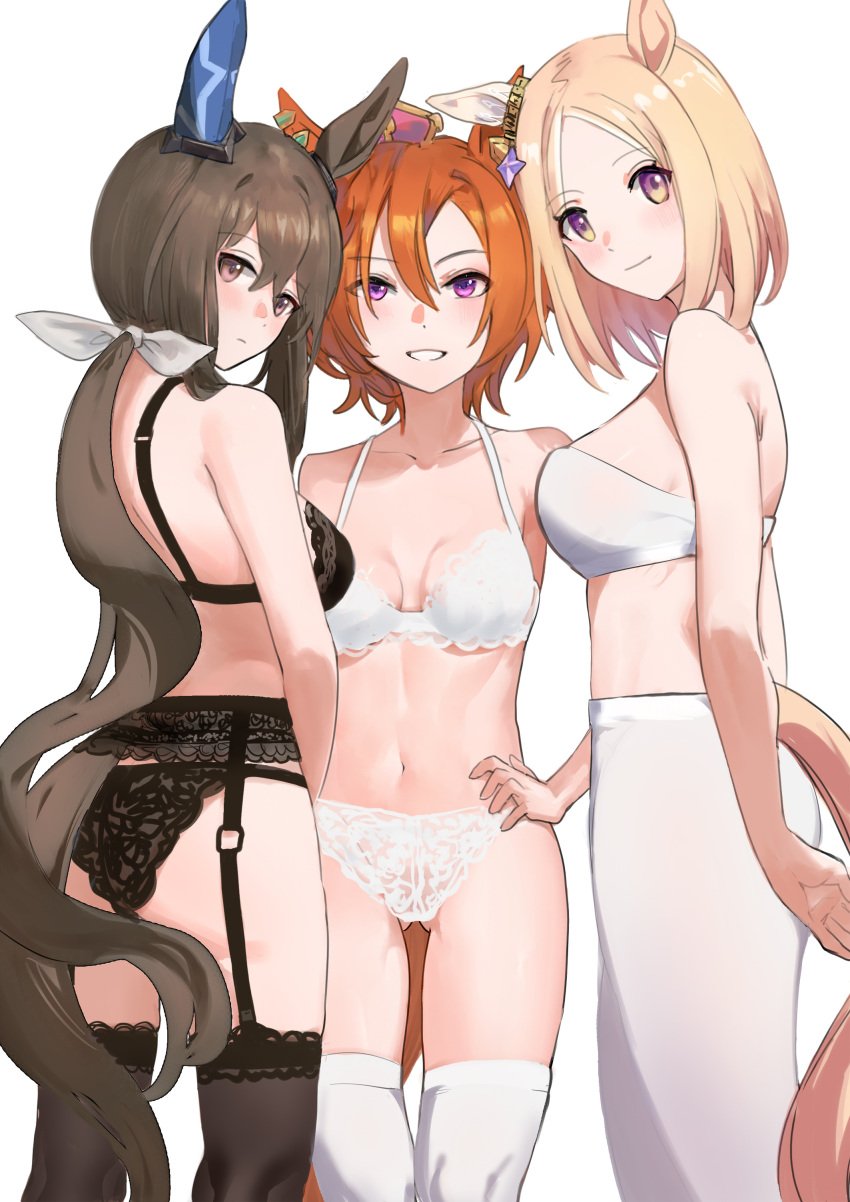 3girls absurdres admire_vega_(umamusume) animal_ears ass ass_visible_through_thighs bangs black_bra black_legwear black_panties blonde_hair blush bra breasts brown_hair corrugatedrush crown ear_ornament expressionless eyebrows_visible_through_hair garter_belt grin hair_between_eyes hair_ribbon hand_on_hip highres horse_ears horse_girl horse_tail light_smile long_hair looking_at_viewer looking_back medium_breasts multiple_girls narita_top_road_(umamusume) navel orange_hair panties pantyhose parted_bangs purple_eyes ribbon short_hair simple_background smile standing stomach t.m._opera_o_(umamusume) tail thighhighs umamusume underwear very_long_hair white_background white_bra white_legwear white_panties white_ribbon