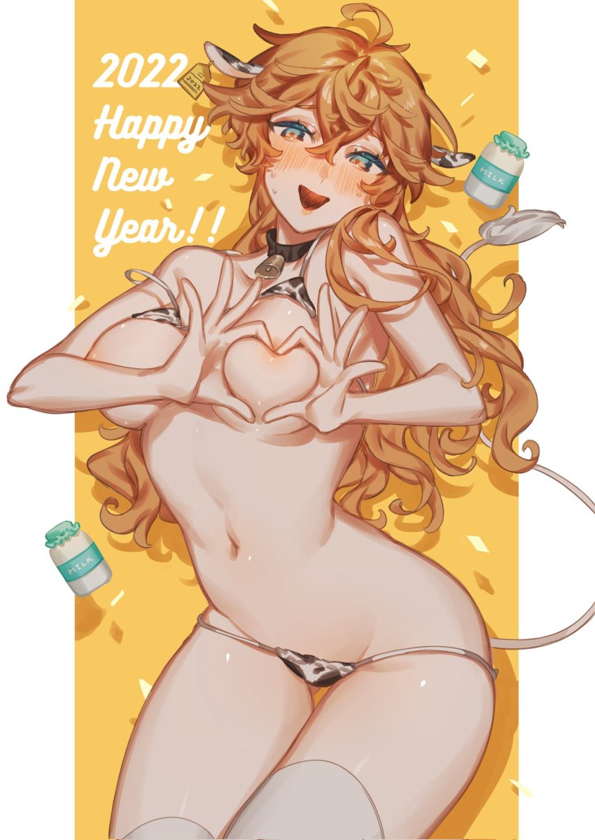 2022 animal_ears animal_print areola_slip areolae bangs bikini blue_eyes blush bottle breasts cow_ears cow_girl cow_print cow_tail crow_3434 ear_tag exposed_breasts female genderswap_(mtf) genshin_impact hair_between_eyes happy_new_year heart heart-shaped_boob_challenge heart_hands highres large_breasts long_hair micro_bikini milk_bottle neckbell new_year nipples open_mouth orange_hair rule_63 simple_background solo sweat swimsuit symbol-shaped_pupils tail tartaglia_(genshin_impact) thighhighs white_legwear