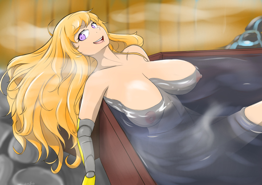 1girls areolae bath blonde_female blonde_hair breasts casual_nudity cleavage enbu erect_nipples female female_only floating_breasts hot_spring huge_breasts long_hair naked nipples nude pink_nipples prosthetic_arm purple_eyes rwby smiling solo solo_female thick_thighs wide_hips yang_xiao_long