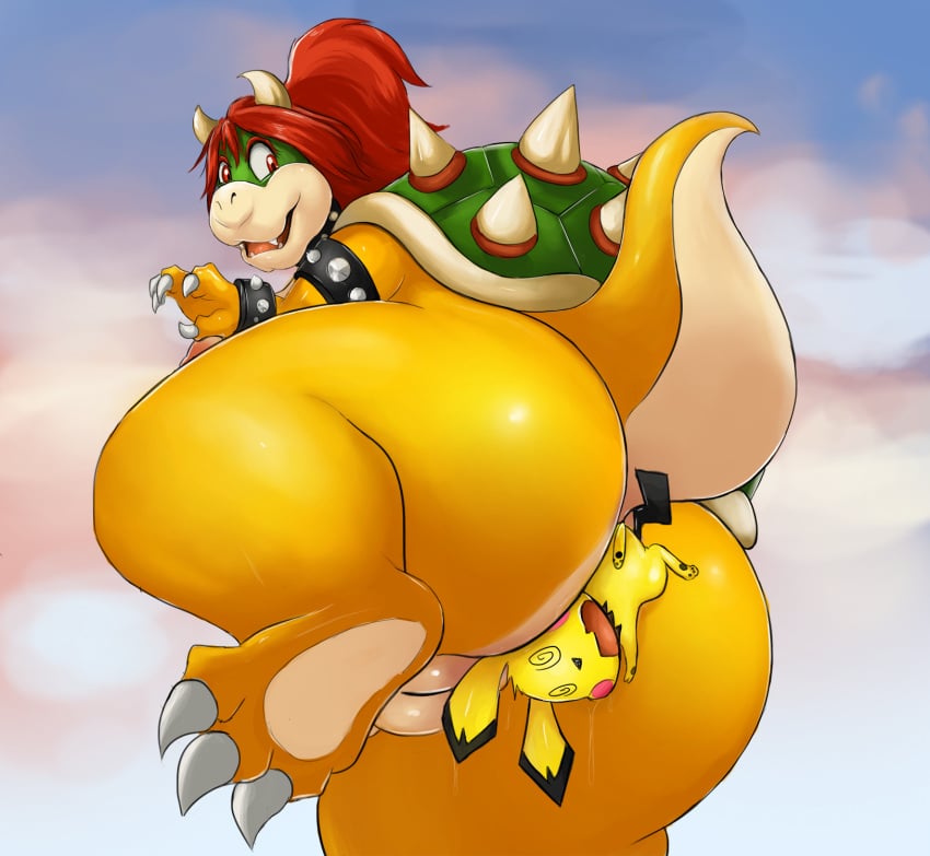 2016 anthro ass between_butt between_buttocks bowser bracelet claws collar crossover dizzy_eyes duo fangs female female_bowser genitals hair hi_res jewelry looking_back mario_(series) nintendo one_leg_up open_mouth pichu pokémon_(species) pokemon pussy raised_leg raised_tail rear_view rule_63 shell shenzel size_difference spiked_bracelet spiked_collar spikes video_games