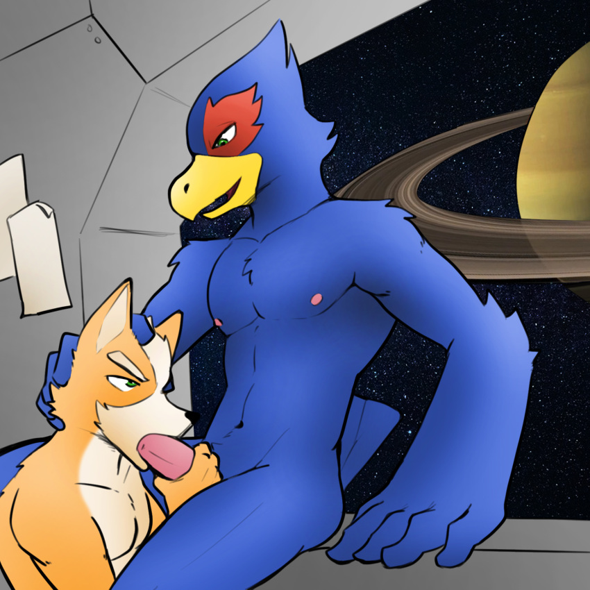 2boys avian bird canid canine erection falco_lombardi fellatio fox fox_mccloud gay genitals hi_res jrjresq male male/male male_only mammal nintendo oral penile penis planet sex siman-clifton sitting space star_fox video_games