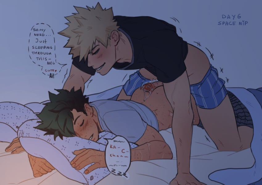 2boys assjob bed buttjob cum cum_on_ass gay hot_dogging izuku_midoriya katsuki_bakugou male_only my_hero_academia outercourse questionable_consent sleeping sleepwear somnophilia spacenipnops speech_bubble spiky_hair yaoi