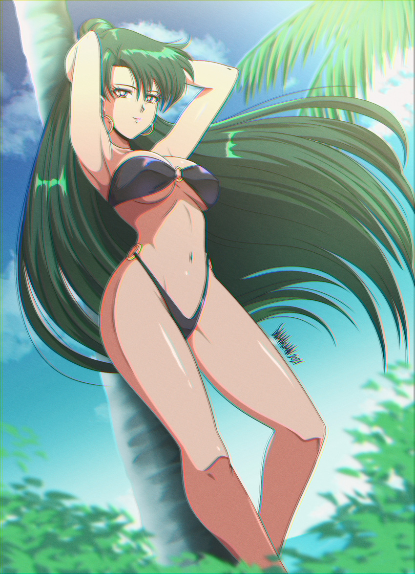 1girls armpits arms_behind_head beach bikini bishoujo_senshi_sailor_moon danmakuman female female_only fit_female green_hair large_breasts long_hair palm_tree posing setsuna_meiou solo swimsuit viewed_from_below voluptuous