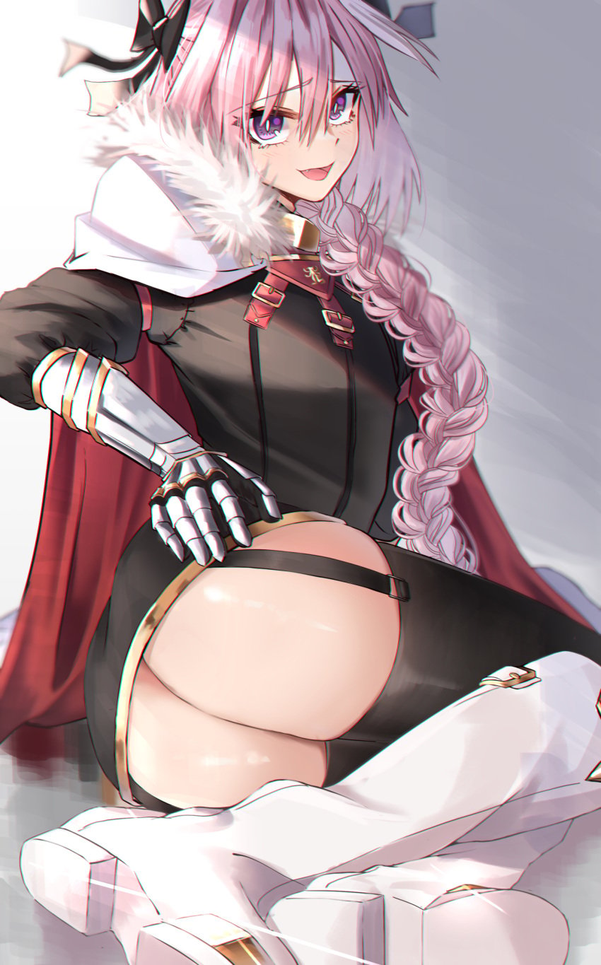 1boy 2022 absurd_res armor ass astolfo_(fate) big_ass boots bow braid cape clothed clothing eyebrows_visible_through_hair fangs fate/apocrypha fate/grand_order fate_(series) femboy fur-trimmed_cape fur_trim garter_straps gloves hair_between_eyes hair_ribbon highlights highres long_ponytail looking_at_viewer male male_only menma_san open_mouth pink_hair ponytail purple_eyes ribbon seductive single_braid smile solo sunlight teasing teeth thick_thighs thighhighs thighs tied_hair tongue trap very_long_hair white_highlights zettai_ryouiki