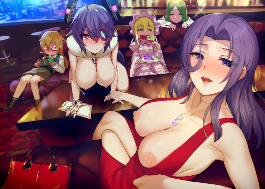 5girls alternate_costume bar bar_stool bare_shoulders black_table blonde_hair blush breasts breasts_out cake cake_slice carpet cleavage clipboard closed_eyes crossed_legs cup dress drinking_glass eating exposed_breasts eyebrows_visible_through_hair eyepatch fish_tank food fur_collar green_hair handheld_game_console headgear highres holding holding_handheld_game_console indoors jewelry kantai_collection kusaka_souji large_breasts long_hair looking_at_viewer menu_board mochizuki_(kantai_collection) multiple_girls nagatsuki_(kantai_collection) necklace nintendo_switch nipples on_table open_mouth purple_eyes purple_hair purse red_dress red_purse satsuki_(kantai_collection) short_hair sitting smile table tatsuta_(kantai_collection) tenryuu_(kantai_collection) yellow_eyes