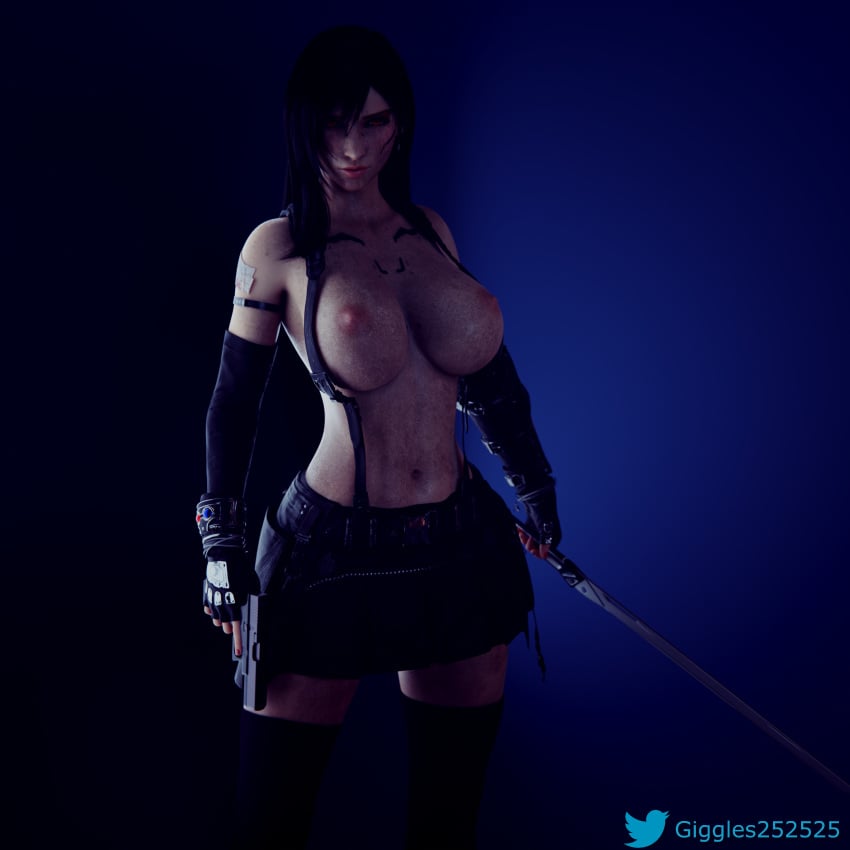 1girls 3d 3d_(artwork) big_breasts black_hair blender blender_(software) cybernetics cyberpunk cyberware final_fantasy final_fantasy_vii final_fantasy_vii_remake giggles25 glock gloves gun handgun harness huge_breasts long_hair pose posing posing_with_weapon red_eyes skirt solo solo_female stockings suspenders sword tagme thick_thighs tifa_lockhart tight_clothing tight_fit