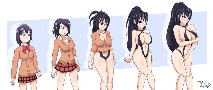 age_progression akeno_himejima crossover embarrassed gabriel_dropout high_school_dxd schoolgirl sling_bikini slingshot_swimsuit swimsuit thatfreakgivz transformation_sequence tsukinose_vignette_april