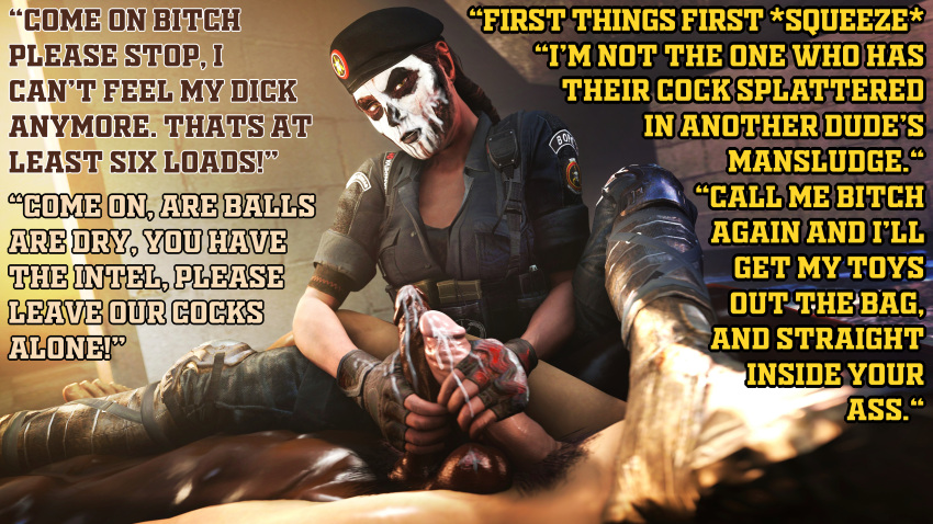 1girls 2boys 3d akatomasu brazilian brazilian_female caption caveira_(rainbow_six) clothed clothing cum dark-skinned_female dark-skinned_male dark_skin dialogue edit female friendly_fire frottage handjob interracial latina light-skinned_male light_skin military rainbow_six rainbow_six_siege soldier