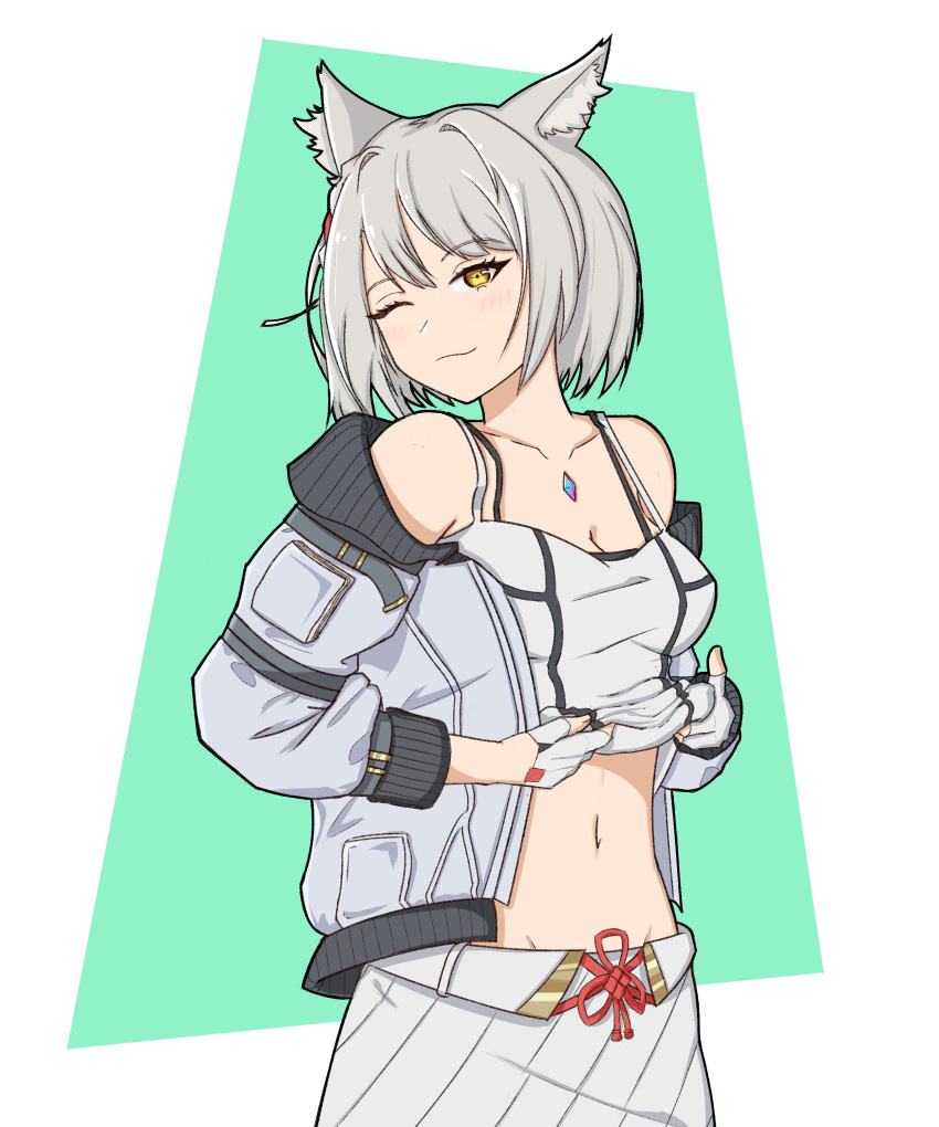 belly belly_button cat_ears cute female grey_hair light-skinned_female midriff mio_(xenoblade) one_eye_closed smile succducc888 xenoblade_(series) xenoblade_chronicles_3 yellow_eyes