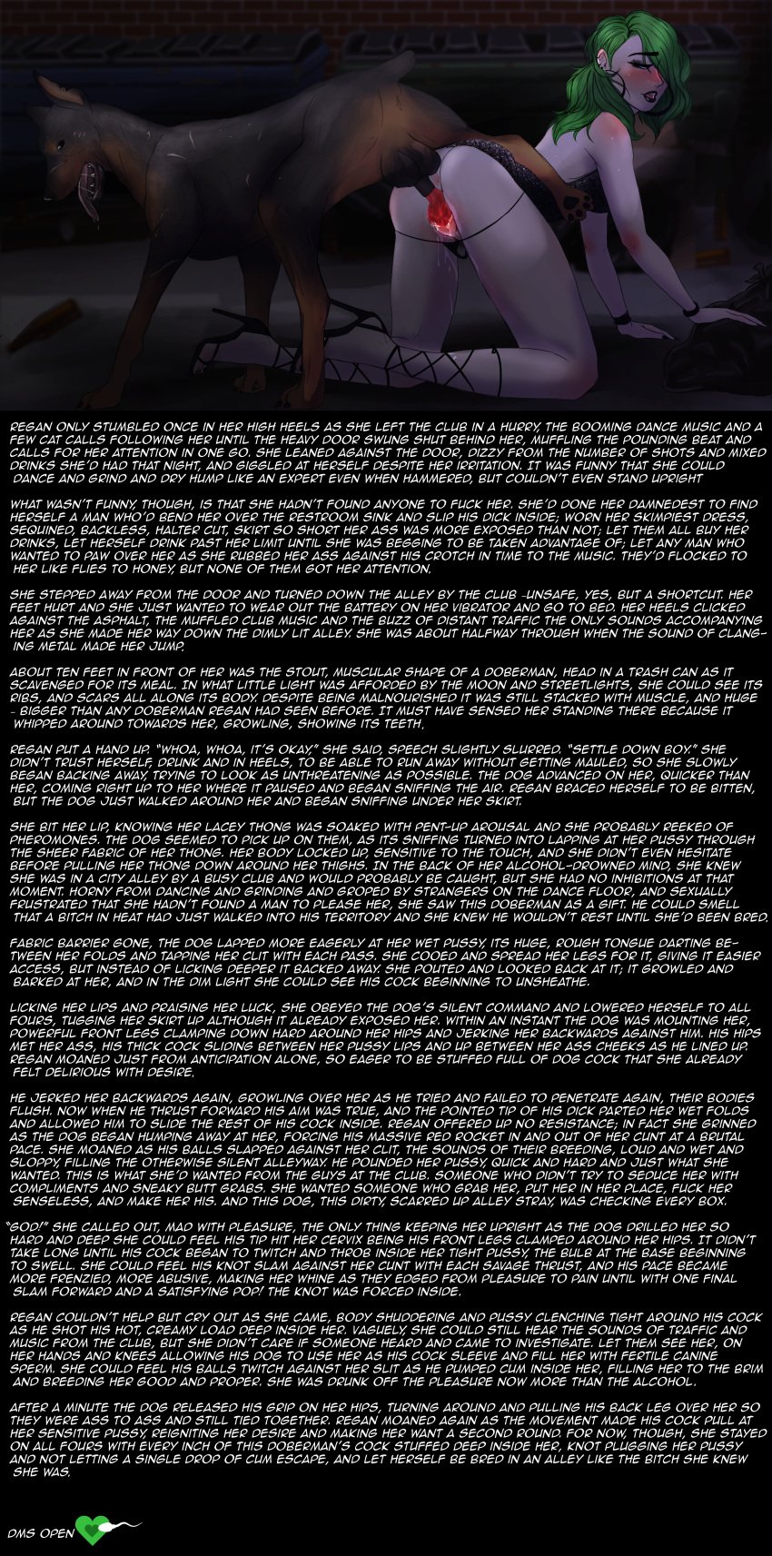 1boy 1girls alley black_lipstick blue_eyes canine canine_penis caption clothed_sex cock_sleeve cum_in_pussy cum_inside cum_leaking doberman dress_lift duke_(reganblair666) english_text feral feral_on_female feral_penetrating goth goth_girl green_hair heels high_heels interspecies knot knotting narrowed_eyes outdoor_sex outdoors pale-skinned_female panties panties_around_leg petite pleasure_face regan_blair_(reganblair666) reganblair666 story straight testicles text thong vaginal_penetration zoophilia