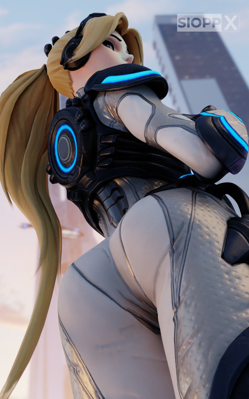 3d 3d_(artwork) amelie_lacroix ass back blender blender_(software) blizzard_entertainment blonde_hair butt butt_focus day girl looking_at_viewer looking_back nova_(starcraft) nova_widowmaker overwatch sci-fi sioppx starcraft starcraft_2 thighs widowmaker