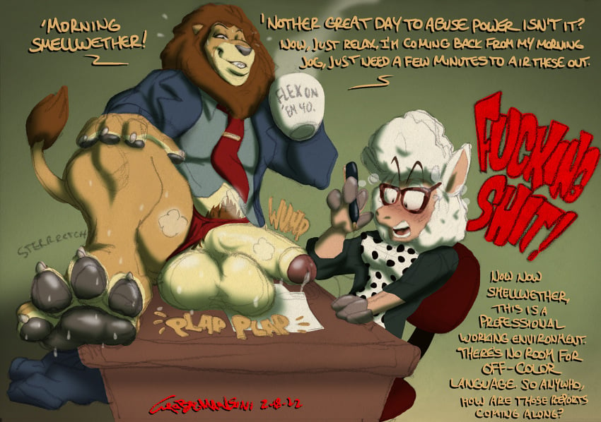 anthro balls behaviour bodily_fluids bovid caprine clothing coffee_mug dawn_bellwether disney duo feet felid female foot_focus genital_fluids genitals glasses hi_res hindpaw leodore_lionheart lion male male/female male_focus mammal musk musk_clouds pantherine paws penis precum profanity sexual_harassment sheep sweat thebigmansini thong underwear undressed unprofessional_behavior vulgar zootopia zootropolis