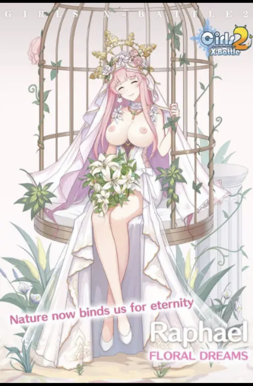 1girls bangs bird_cage bouquet breasts breasts_out breasts_out_of_clothes bride cage closed_eyes closed_mouth closed_smile color colored dress edit edited english_text exposed_breasts exposed_nipples eyebrows_visible_through_hair fair-skinned_female fair_skin female female_focus female_only flower flower_bouquet flowers girls_x_battle_2 jewelry light-skinned light-skinned_female light_skin logo long_hair mouth_closed necklace nipples official_artwork_edit partially_clothed pink_hair raphael_(girls_x_battle_2) shoes smile solo solo_female solo_focus text wedding_dress white_dress white_shoes