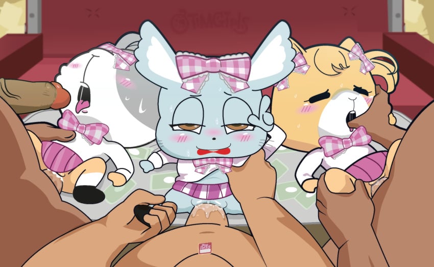 3girls aggressive_retsuko aggretsuko anthro anthro_focus anthro_penetrated banknote blush bodily_fluids bottomwear bow brown_eyes caviid chinchilla chinchillid clothed clothing cum cum_in_pussy cum_inside erection female female_focus female_penetrated finger_in_mouth foot_grab genital_fluids genitals gosgoz group guinea_pig hi_res hidarin_(aggretsuko) human human_on_anthro human_penetrating human_penetrating_anthro humanoid_genitalia humanoid_penis interspecies larger_human larger_male looking_at_viewer lying male male/female male_human/female_anthro male_on_anthro male_penetrating male_penetrating_female mammal manaka_(aggretsuko) migi_(aggretsuko) money no_underwear on_back open_mouth otmgirls penetration penile penile_penetration penis penis_in_pussy pussy pussy_juice rodent saliva sanrio size_difference skirt smaller_anthro smaller_female smaller_penetrated smooth_fur sweat tears unseen_male_face vaginal_penetration