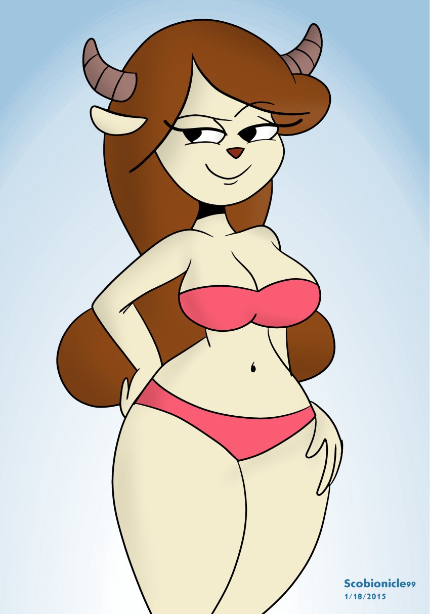 1girls anthro big_breasts bikini blue_sky bovid breasts brown_hair caprine chun-ni clouds eyebrows female goat horns hourglass_figure lingerie miracle_star pink_bikini pink_bikini_bottom pink_bikini_top red_lingerie scobionicle99 simple_background sky smile solo voluptuous watermark wink