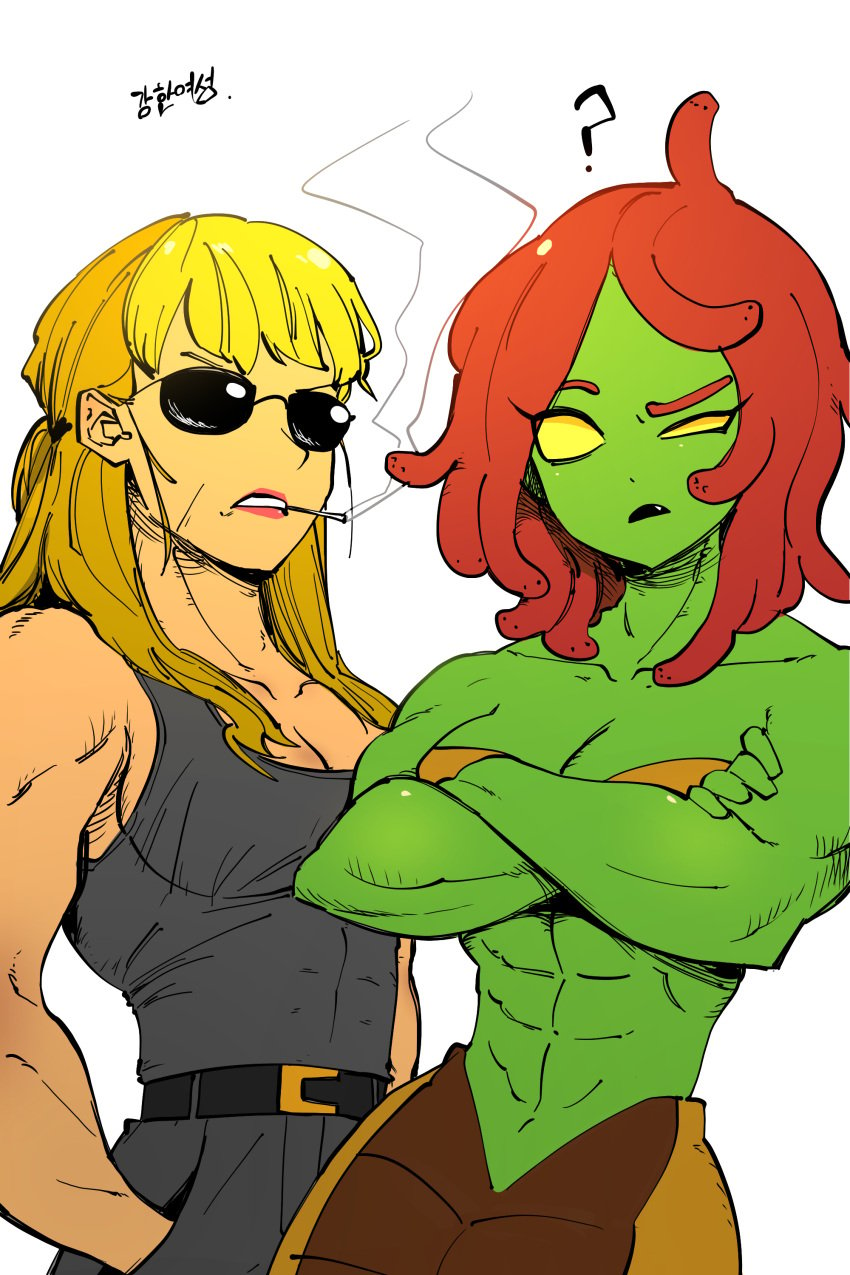 2girls ? abs blonde_hair cigarette enter_the_gungeon gorgon green_skin light_skin muscular snake_hair sunglasses tagme the_gorgun_(enter_the_gungeon) the_last_human_(enter_the_gungeon) tinted_eyewear 딸딸딸달딸