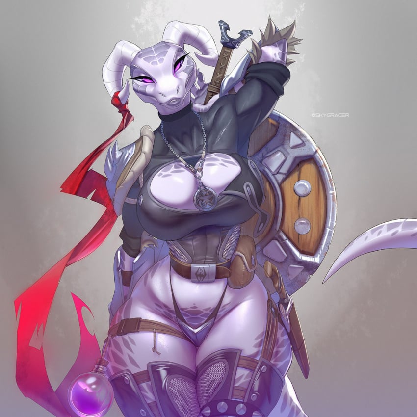 2d akieta_perrean_(skygracer) anthro argonian argonian_female armor artist_name athletic athletic_female belt bethesda_softworks big_breasts black_shirt breasts cleavage cleavage_cutout female female_only grey_background grey_scales hands_behind_head holster horn_ribbon leg_bracelet looking_at_viewer medallion necklace original_character panties pocket potion purple_eyes reptile reptile_humanoid ribbon scales scalie scalie_female scalie_humanoid scalie_only shield shoulder_pads skygracer skyrim solo solo_female spikes strap sword tagme tail teeth the_elder_scrolls topwear weapon white_body