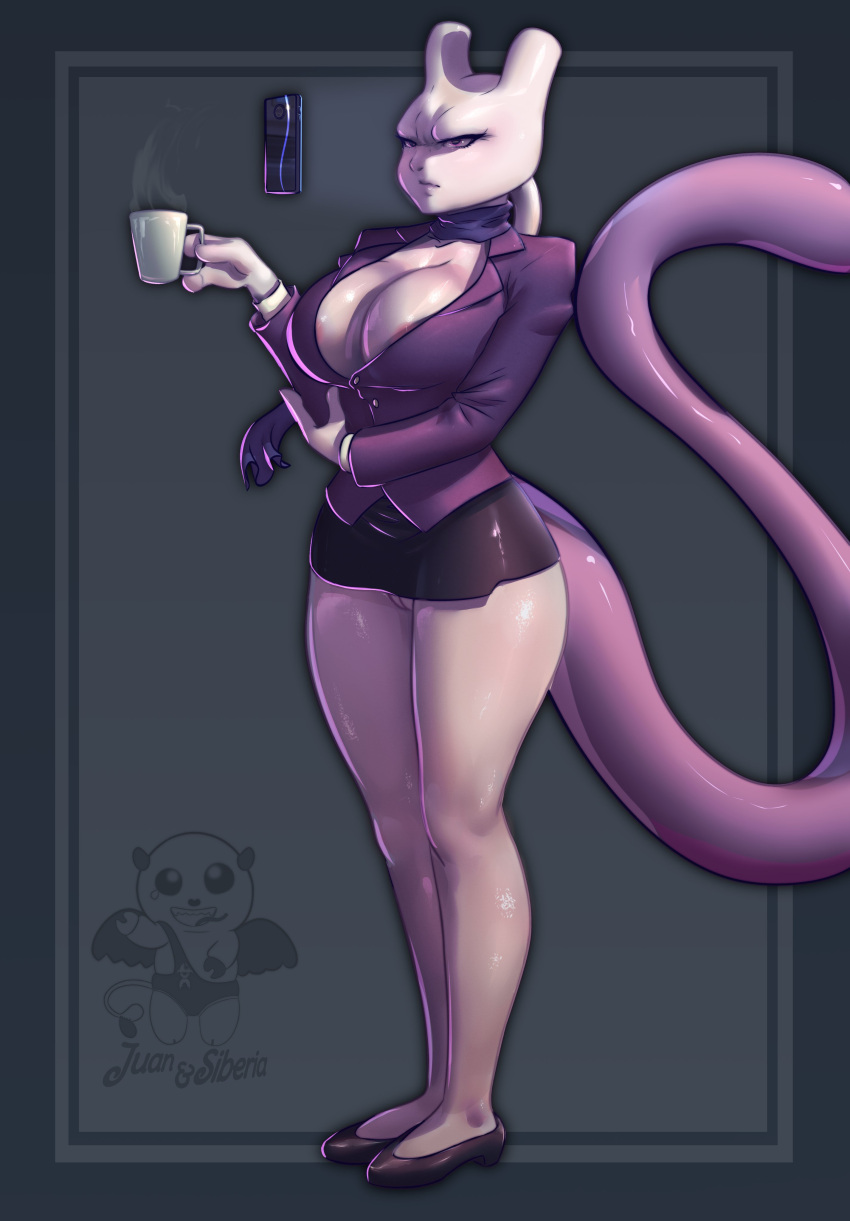 absurd_res anthro areola areola_slip big_breasts breasts cellphone clothed clothing coffee_mug female female_mewtwo genitals hi_res legendary_pokémon mew_tuely_(fan_character) mewtwo nintendo no_underwear office_lady phone pokemon pokemon_(species) pussy pussy_peek samayatagarasu scarf suit video_games