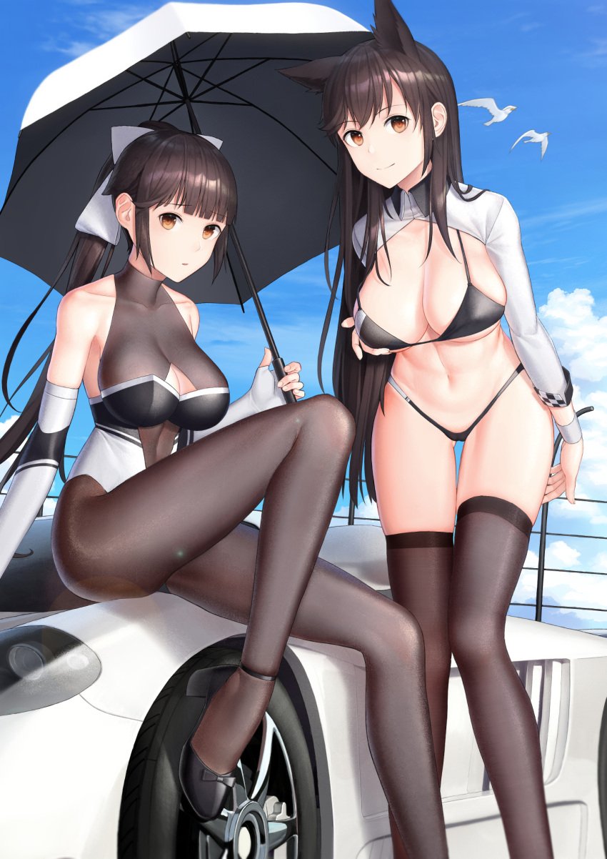 2girls animal_ears artist_name ass_visible_through_thighs atago_(azur_lane) atago_(stunning_speedster)_(azur_lane) azur_lane bangs bare_shoulders bikini bikini_tug bird black_bikini black_bow black_footwear black_hair blue_sky blush bodystocking bow bow_footwear breasts brown_eyes car checkered_flag cleavage cleavage_cutout closed_mouth clothing_cutout cloud cloudy_sky collarbone day extra_ears eyebrows_visible_through_hair feet_out_of_frame female fine_fabric_emphasis flag ground_vehicle hair_flaps high_heels highres impossible_clothes kep_(ahokep) legs leotard logo long_hair long_sleeves looking_at_viewer midriff mole mole_under_eye motor_vehicle multicolored_leotard multiple_girls navel official_alternate_costume on_vehicle outdoors pantyhose ponytail race_queen revision ribbon seagull shrug_(clothing) sidelocks sitting skindentation sky sleeve_cuffs smile stomach strap_gap swept_bangs swimsuit takao_(azur_lane) takao_(full_throttle_charmer)_(azur_lane) thighs two-tone_bikini two-tone_leotard unitard very_long_hair white_bow white_footwear white_ribbon wolf_ears wrist_cuffs