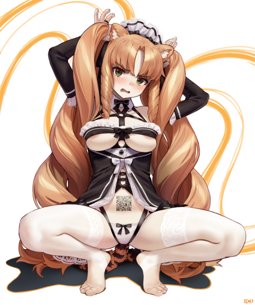 alternate_costume animal_ear_fluff animal_ears areola_slip areolae arknights arms_up bangs black_bow black_bowtie black_ribbon blonde_hair blush bow bow_panties bowtie breasts collarbone detached_sleeves drill_hair embarrassed eyebrows_visible_through_hair feet female female_only frilled_hat frills front_slit full_body green_eyes hair_ribbon hands_in_hair hat head_tilt highres large_breasts long_hair long_sleeves looking_at_viewer maid_headdress oerba_yun_fang open_mouth panties parted_bangs pubic_tattoo qr_code qr_code_tattoo ribbon ringlets signature solo solo_female solo_focus songchuan_li spread_legs squatting stirrup_legwear swire_(arknights) tail tattoo thighhighs tiger_ears tiger_tail toeless_legwear toenails toes twintails two-tone_background underboob underwear v-shaped_eyebrows very_long_hair wavy_hair white_background white_bow white_legwear white_panties