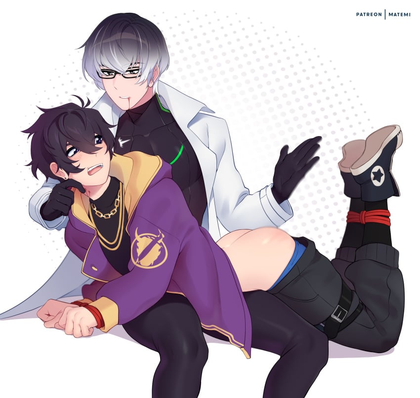 2boys ass bite_mark black_hair bound_ankles bound_wrists femboy gay glasses indie_virtual_youtuber matemi murasaki_hiroshi pants_down restrained shoto silver_hair spanking thick_thighs virtual_youtuber yaoi