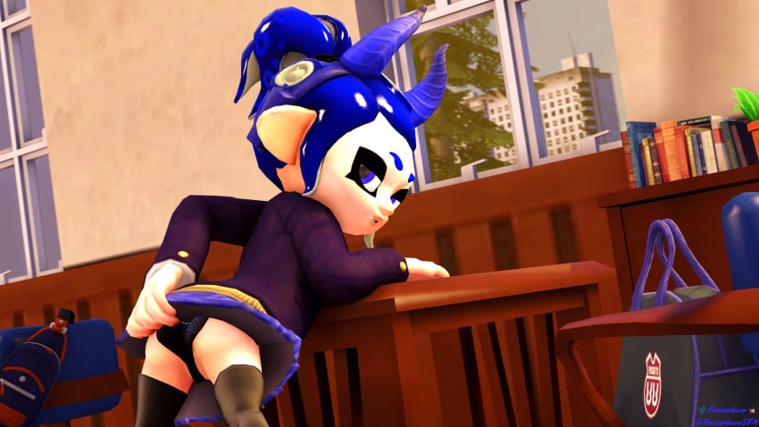 3d black_panties blue_eyes blue_hair book chair classroom desk dev_(freezerburn) eyes_half_open freezerburnsfm headgear lifting_skirt looking_back_at_viewer octoling octoling_girl open_mouth revealing_panties school school_uniform schoolgirl sfm source_filmmaker splatoon splatoon_2 spread_legs stockings suggestive_look window