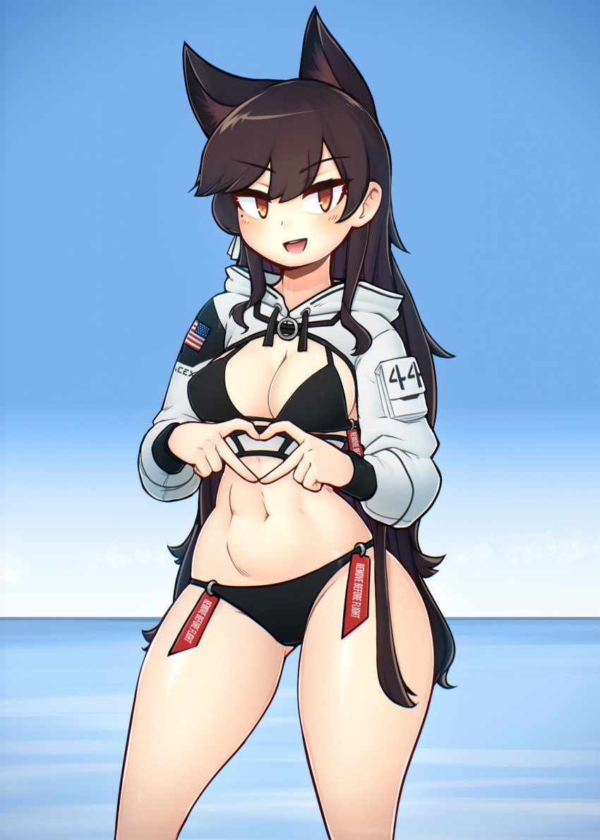 abs alternate_costume animal_ears atago_(azur_lane) azur_lane bikini black_bikini black_hair blush breasts brown_eyes cleavage commission d-floe day eyebrows_visible_through_hair female heart heart_hands highres large_breasts long_hair long_sleeves looking_at_viewer mole mole_under_eye navel open_mouth outdoors shrug_(clothing) smile solo solo_female solo_focus swimsuit toned