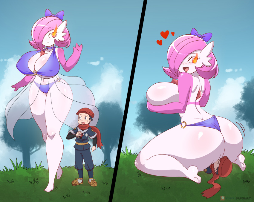 1boy 1girls alpha_pokémon alternate_color anthro ass ass_cleavage big_breasts big_butt breasts butt_crack dakunart facesitting female gardevoir giant giantess hair_ribbon hat huge_ass huge_breasts human larger_female nintendo no_text outdoors pink_hair pokémon_(species) pokemon pokemon_(species) pokemon_legends:_arceus pokemon_rse rei_(pokemon) scarf size_difference thick_thighs thighs