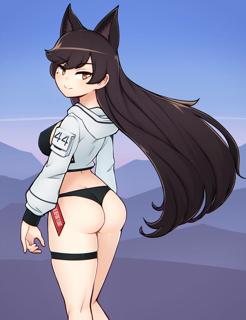 absurdres animal_ears ass ass_cleavage atago_(azur_lane) azur_lane bikini black_bikini black_hair breasts brown_eyes butt_crack closed_mouth commission d-floe eyebrows_visible_through_hair female from_behind highres large_breasts long_hair long_sleeves looking_at_viewer mole mole_under_eye shrug_(clothing) smile solo solo_female solo_focus swimsuit