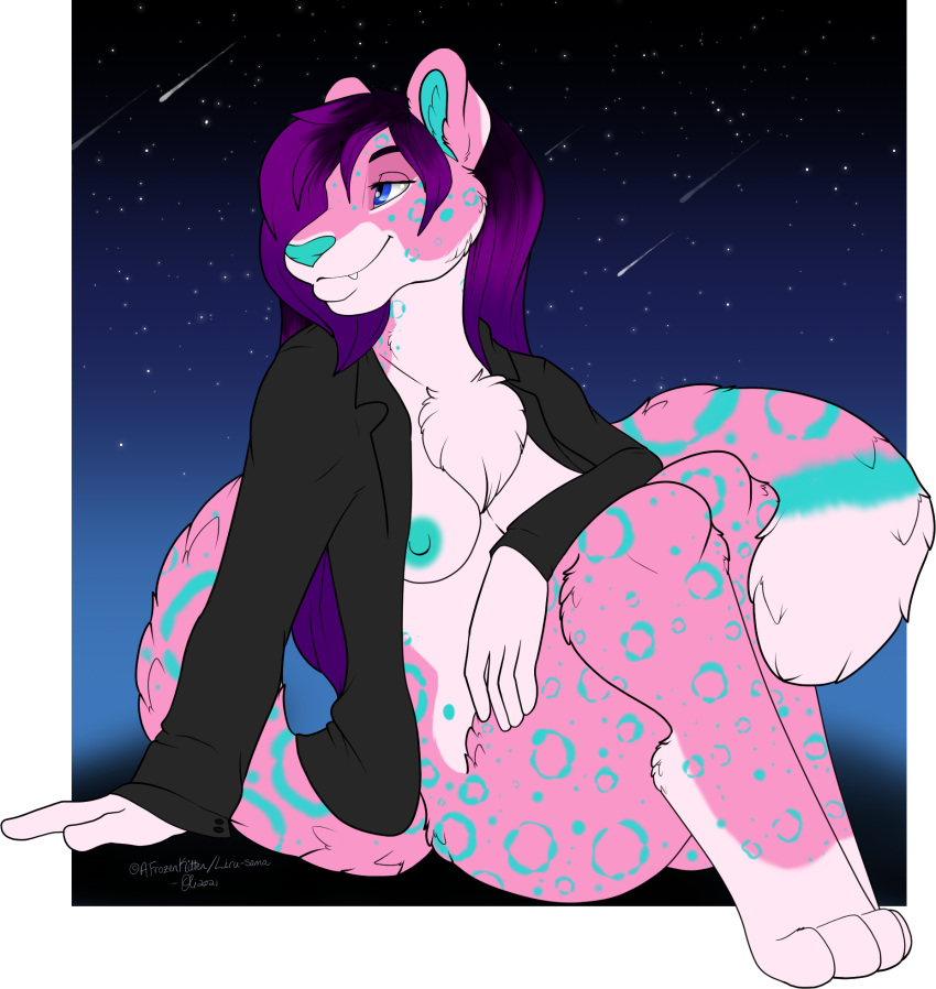 alpha_channel anthro areola blue_eyes breasts cardigan chest_tuft exposed_breasts felid feline female fur hair hi_res leopard long_hair mammal night nipples oli_snowpaw pantherine pink_body pink_fur purple_hair shooting_star sitting smile snow_leopard solo spots star suggestive suggestive_pose teal_areola teal_inner_ear teal_spots tuft valerie_(afrozenkitten)