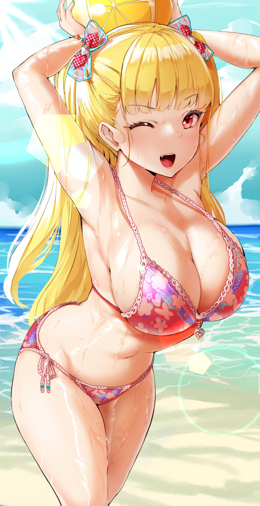 absurdres agetama armpits arms_up ass ball bare_shoulders beach beach_ball bikini blonde_hair breasts cleavage cloud collarbone ear fangs female halterneck hands_up highres large_breasts long_hair looking_at_viewer navel ocean one_eye_closed open_mouth ribbon-trimmed_bikini ribbon_trim shiny shiny_skin side-tie_bikini sky smile solo solo_female solo_focus string_bikini sunlight sweat sweatdrop swimsuit tokyo_7th_sisters twintails uesugi_u._kyouko very_long_hair water water_drop wet wet_clothes