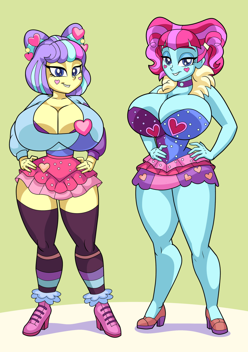 2girls art-2u big_breasts bimbo breasts choker cleavage commission curvy equestria_girls female females_only friendship_is_magic glasses hair_bun hands_on_hips hasbro heart hi_res high_heels highres hourglass_figure huge_breasts kiwi_lollipop_(eg) large_breasts looking_at_viewer miniskirt my_little_pony postcrush smiling_at_viewer stockings supernova_zap_(eg) thick_thighs thighhighs underwear voluptuous wide_hips zettai_ryouiki zettai_ryouiki(skirt)