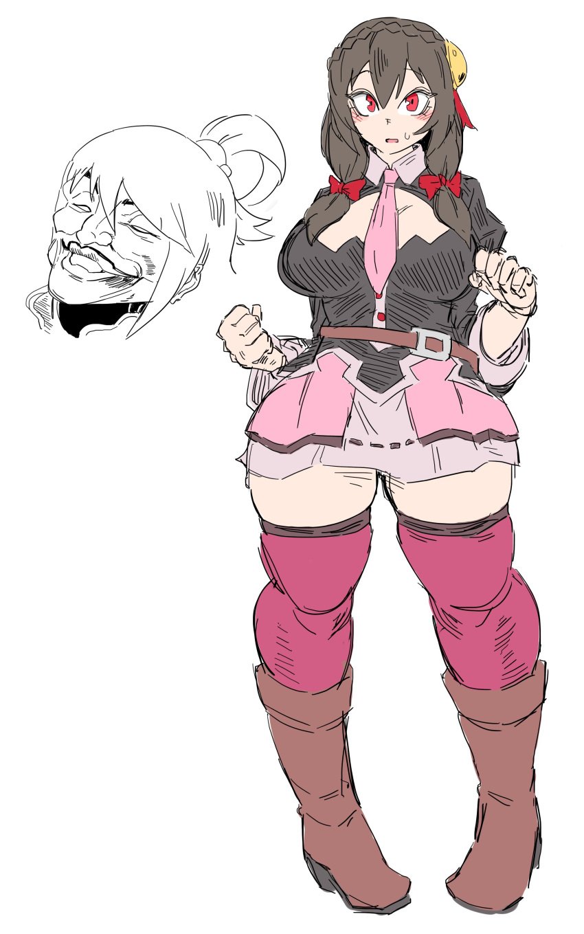 2022 2girls absurd_res aqua_(konosuba) baki_the_grappler bamman belt biscuit_oliva blush boots bow braid breasts brown_hair cleavage cleavage_cutout clothed clothing crossover eyebrows_visible_through_hair female female_only french_braid frilled_skirt frills full_body grappler_baki hair_between_eyes hair_ornament hair_ribbon highres kono_subarashii_sekai_ni_shukufuku_wo! large_breasts lips long_hair megustaprobaltuboca multiple_girls necktie open_mouth red_eyes ribbon simple_background skindentation skirt smile smirk solo_focus standing style_parody sweat sweatdrop teeth thick_thighs thighhighs thighs tied_hair tongue white_background wide_hips yunyun_(konosuba) zettai_ryouiki