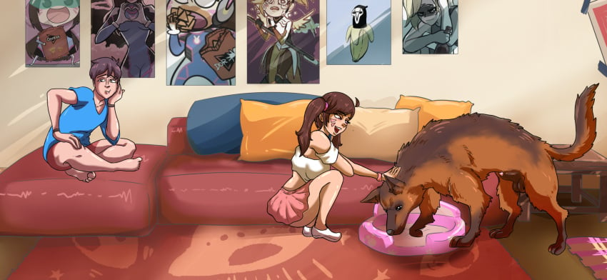 animal animal_penis breasts brown_eyes brown_hair canine d.va imminent_bestiality large_breasts makeup miniskirt open_mouth overwatch sebasdono short_hair skirt smile squatting thighs tied_shirt twintails twintails whisker_markings