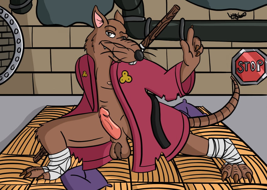 anthro anthro_only bedroom_eyes bo_staff clothing erection genitals hi_res lionclaw looking_at_viewer male male_only mammal martial_arts master_splinter mostly_nude murid murine narrowed_eyes penis pipes rat robe robe_only rodent seductive sewer solo stop_sign teenage_mutant_ninja_turtles