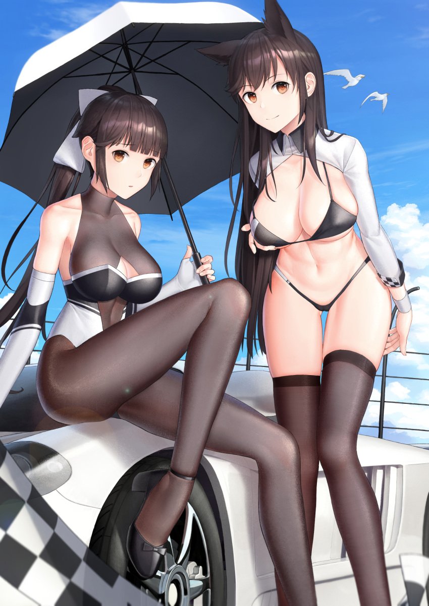 2girls animal_ears artist_name ass_visible_through_thighs atago_(azur_lane) atago_(stunning_speedster)_(azur_lane) azur_lane bangs bare_shoulders bikini bikini_tug bird black_bikini black_bow black_footwear black_hair blue_sky blush bodystocking bow bow_footwear breasts brown_eyes car checkered_flag cleavage cleavage_cutout closed_mouth clothing_cutout cloud cloudy_sky collarbone day extra_ears eyebrows_visible_through_hair feet_out_of_frame female fine_fabric_emphasis flag ground_vehicle hair_flaps high_heels highres impossible_clothes kep_(ahokep) leotard logo long_hair long_sleeves looking_at_viewer midriff mole mole_under_eye motor_vehicle multicolored_leotard multiple_girls navel official_alternate_costume on_vehicle outdoors pantyhose ponytail race_queen revision ribbon seagull shrug_(clothing) sidelocks sitting skindentation sky sleeve_cuffs smile stomach strap_gap swept_bangs swimsuit takao_(azur_lane) takao_(full_throttle_charmer)_(azur_lane) two-tone_bikini two-tone_leotard unitard very_long_hair white_bow white_footwear white_ribbon wolf_ears wrist_cuffs