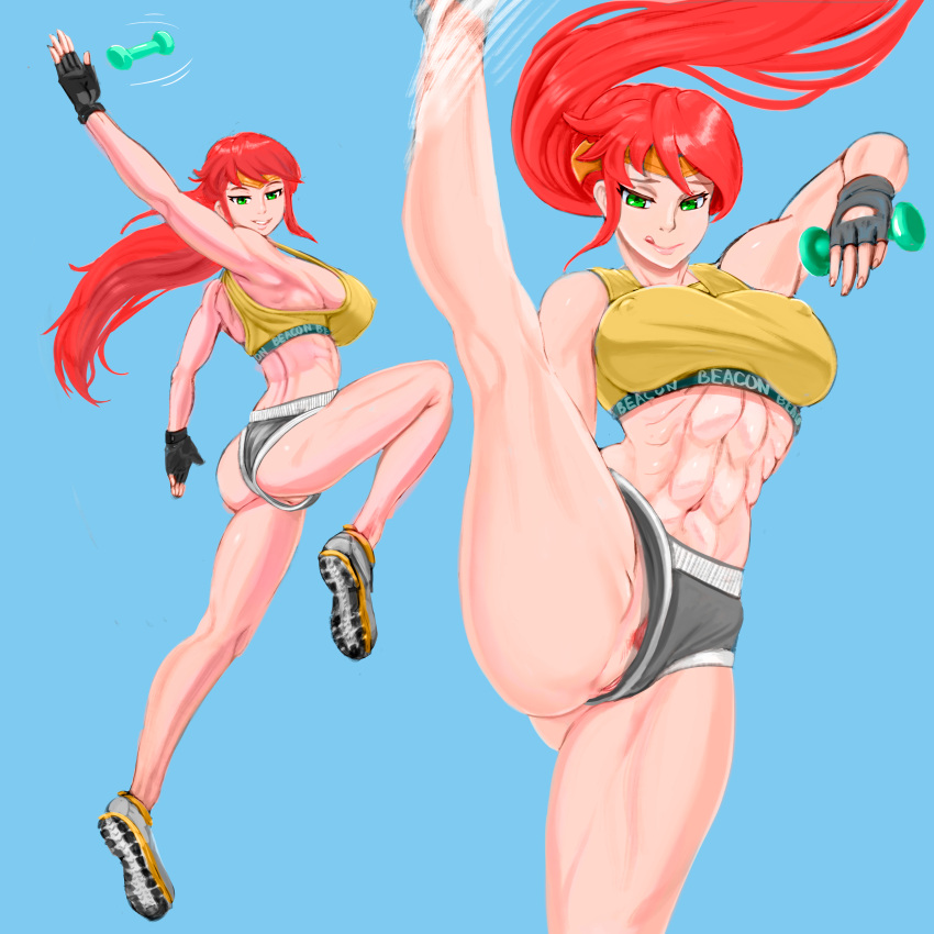 1girls abs ass big_breasts blue_background breasts cigma circlet female female_only fingerless_gloves gloves green_eyes gym_shorts gym_uniform high_ponytail long_hair nipple_bulge no_bra no_bra_under_clothes pokies ponytail pubes pubic_hair pussy pussy_peek pyrrha_nikos red_hair rwby shiny_hair shiny_skin shorts sportswear tank_top upshorts vagina wardrobe_malfunction