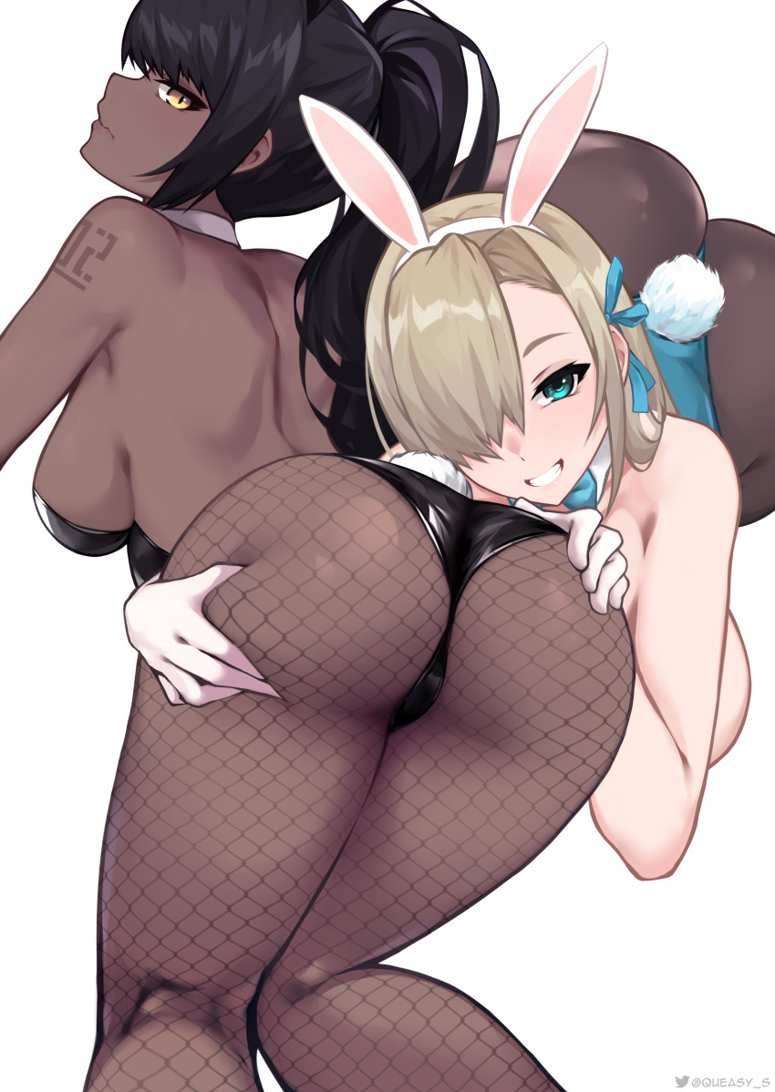 2girls absurdres animal_ears ass ass_grab asuna_(blue_archive) asuna_(bunny)_(blue_archive) black_leotard blue_archive breasts bunny_ears dark-skinned_female dark_skin detached_collar duo duo_focus female female_focus female_only hair_over_one_eye highres karin_(blue_archive) karin_(bunny)_(blue_archive) leotard light_brown_hair mole mole_on_breast multiple_girls pantyhose playboy_bunny queasy_s shiny_pantyhose yuri