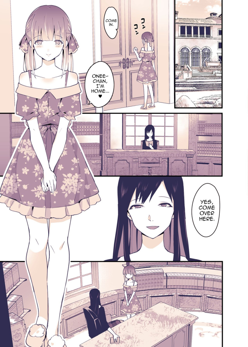 bangs boku_wa_onee-chan_no_imouto brother_and_sister crossdressing detailed_background doujinshi dress femboy hair_ornament long_hair panels reading sennomori_maitake text_bubble trap twintails uratari