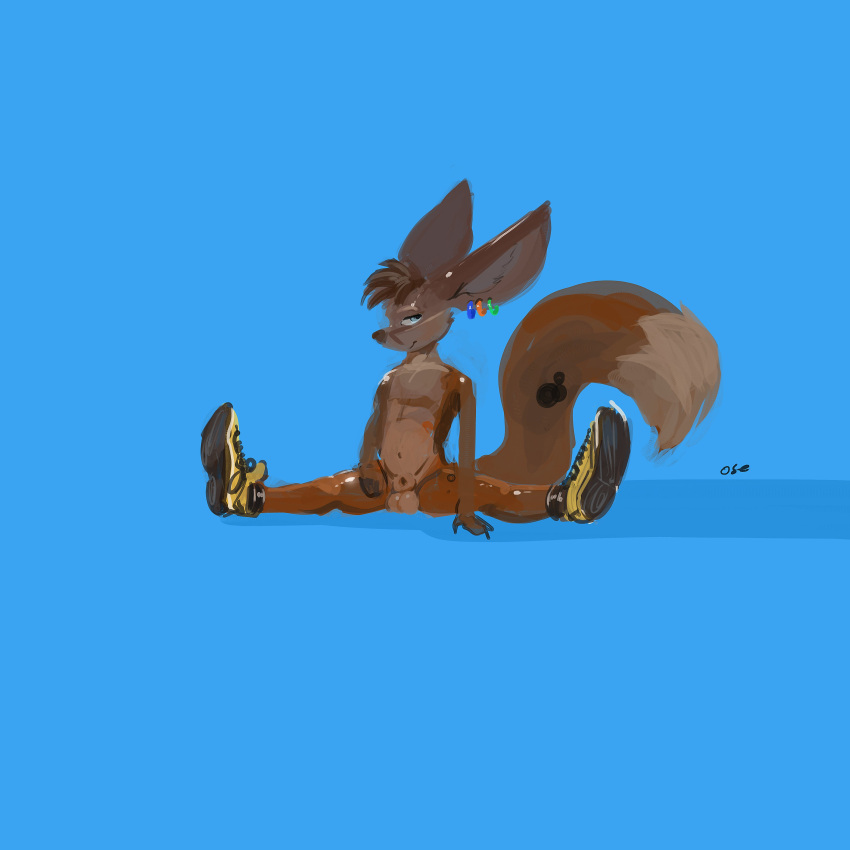 1:1 absurd_res animal_genitalia anthro balls big_ears biped black_clothing black_footwear black_shoes blue_background blue_eyes blue_piercing brown_body brown_ears brown_fur brown_hair brown_nose brown_tail canid canine clothing dipstick_tail ear_piercing fennec footwear fox front_view fully_sheathed fur genitals green_piercing hair hi_res male mammal markings messy_hair navel orange_piercing oselotti piercing plantigrade presenting_balls presenting_sheath ring_piercing sheath shoes short_hair signature simple_background sitting smile solo spread_legs spreading tail_markings yellow_clothing yellow_footwear yellow_shoes